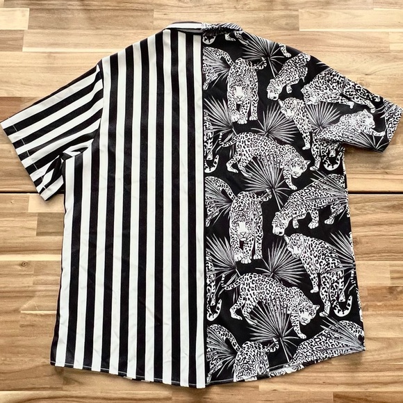 ⚫️ NWOT ⚪️ Button Down Lightweight Collared Shirt with Split Stripes & Leopards - Picture 6 of 7